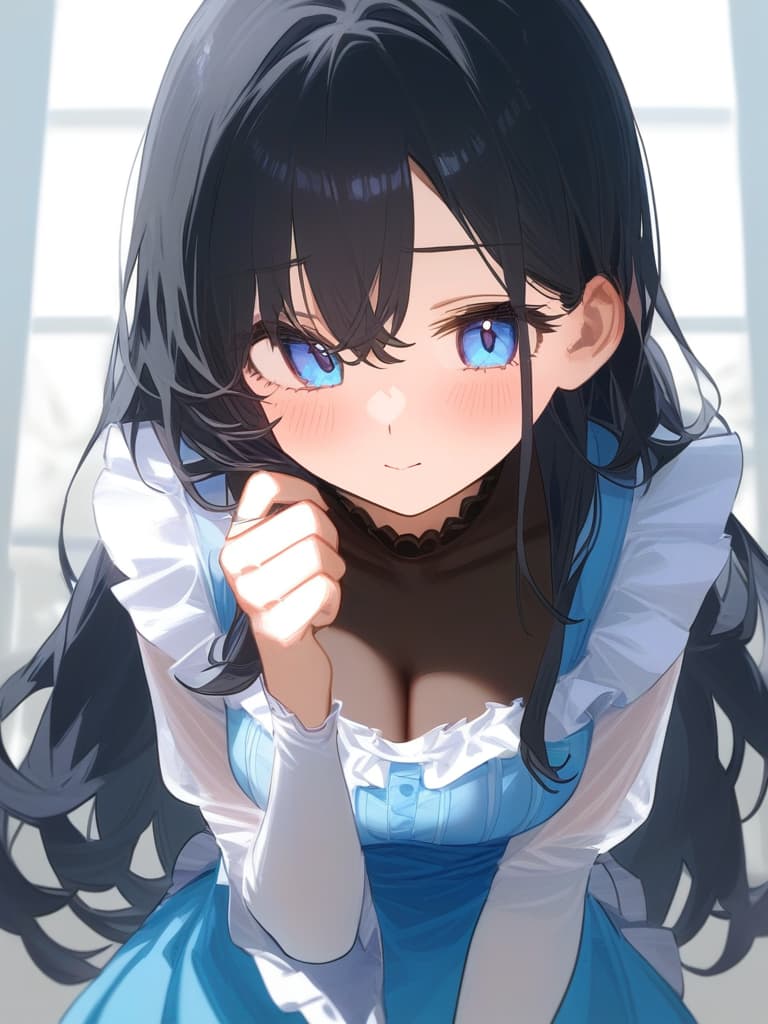  cute face focus,cute,black hair,light blue eyes,cute posing,frill onepiece,long hair,adult,shy