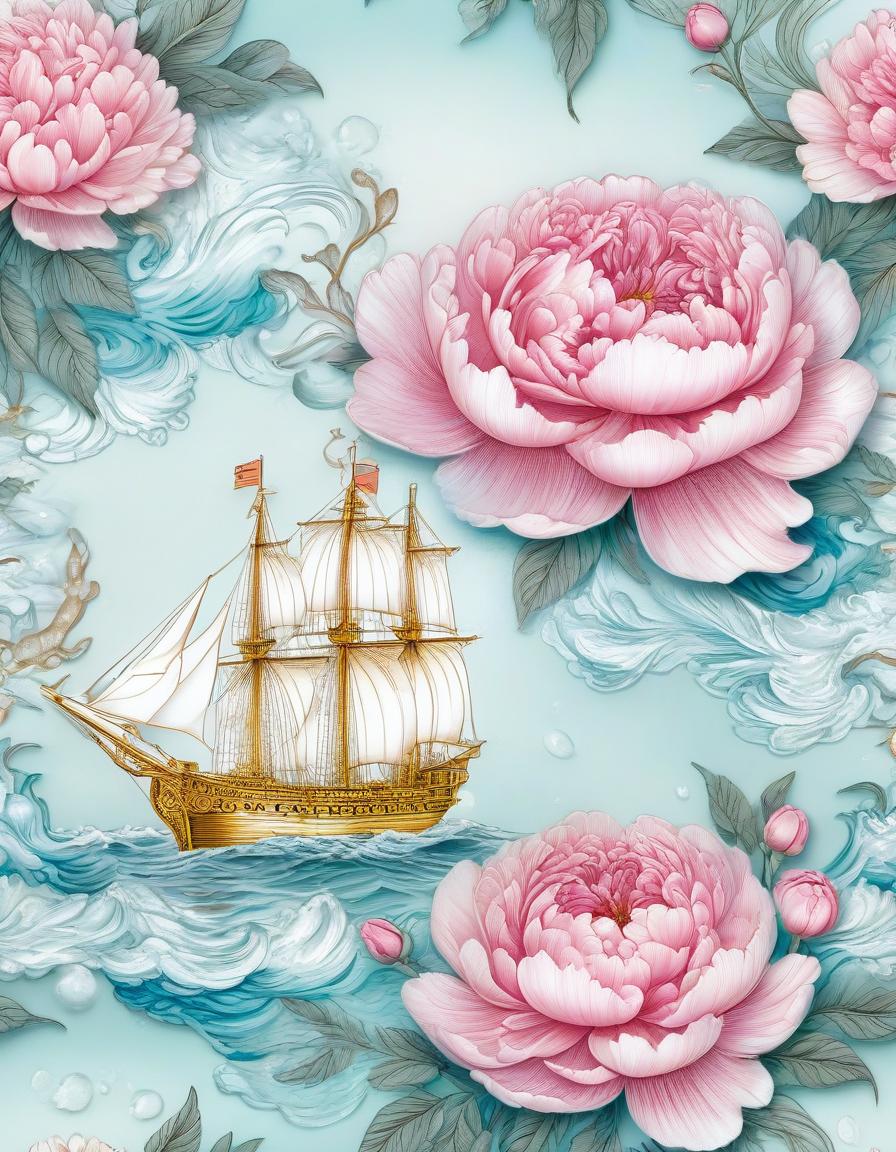  nautical themed a delicate sketch on a mother of pearl sheet in the artistic style of gongbi and xie yi, double exposure, layering, a frigate under sail near the horizon in an exquisite dusty pink extravaganza, a frame of lush big peonies and roses near the ruins of old fortress, the sea at sunset, aquamarine, turquoise and a gradient from peach to light purple, gold craquelure, digital academic processing, high quality, filigree drawing of small details . sea, ocean, ships, maritime, beach, marine life, highly detailed