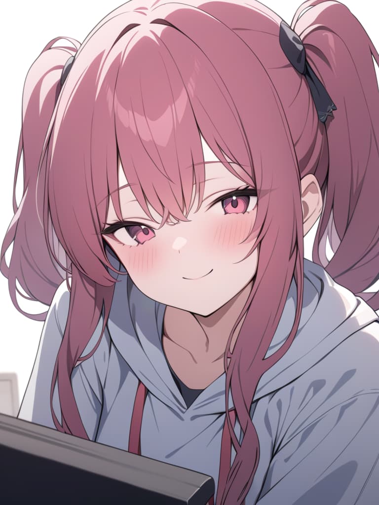  a smile , pink hair, twin tails, big s, working, masterpiece, best quality,8k,ultra detailed,high resolution,an extremely delicate and beautiful,hyper detail