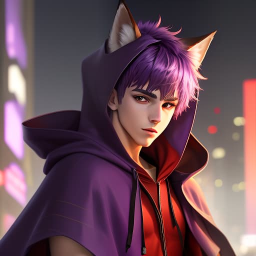  a young guy with purple hair with bangs, he is wearing a red hooded cloak, purple fox ears on the hood, against the background of the night city