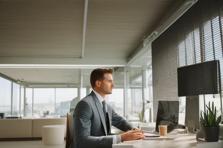 analog style Handsome happy businessman in modern office looking on laptop, realistic, professional shot, sharp focus, 8K, insanely detailed, intricate, elegant, intricate office background