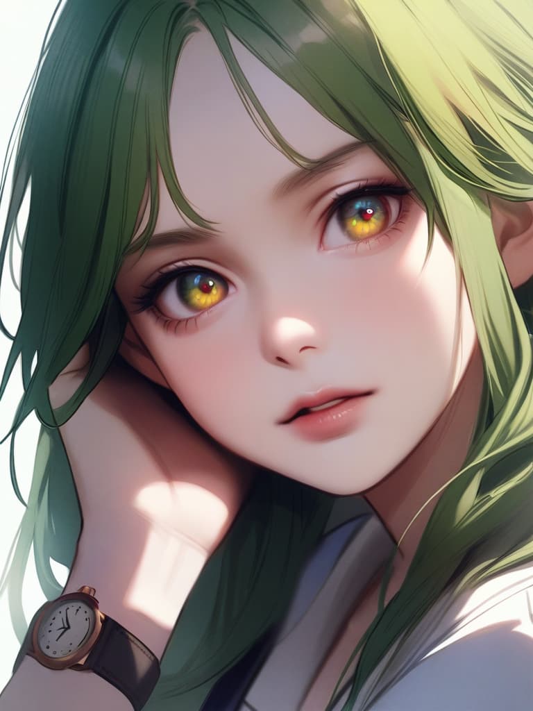  1girl,green hair,(((pupil are the clock is ticking:1.5))),realistic