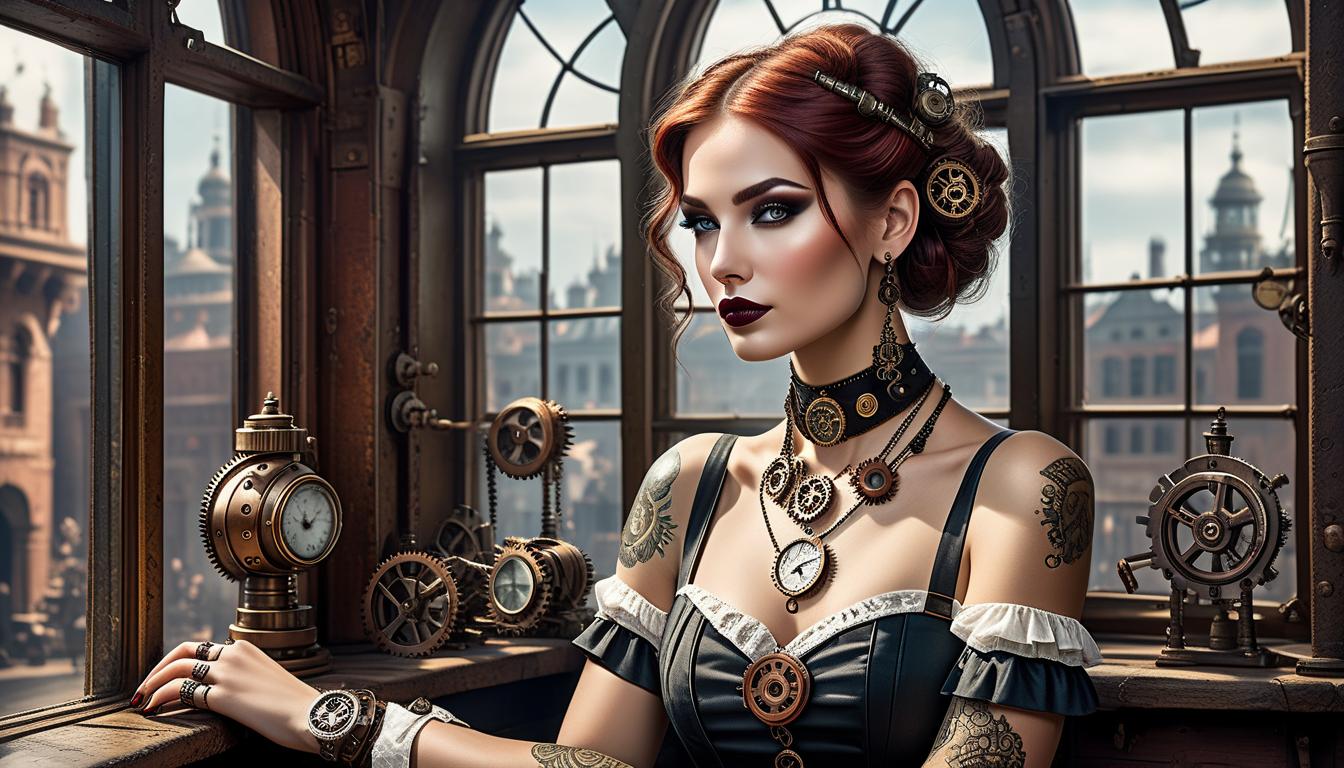  steampunk style ,(((medium full shot))), (masterpiece, photorealistic, photorealism, best quality, ultra detailed:1.3), (nice hands, perfect hands), official art, cinematic light, (1 :1.3), , choker. jewelry.celets,,color tattoos.full length siren. slender, sweet face, bright full makeup.plump lips, big s. looking at viewer,against the background of a window, rich curtains . antique, mechanical, ss and copper tones, gears, intricate, detailed