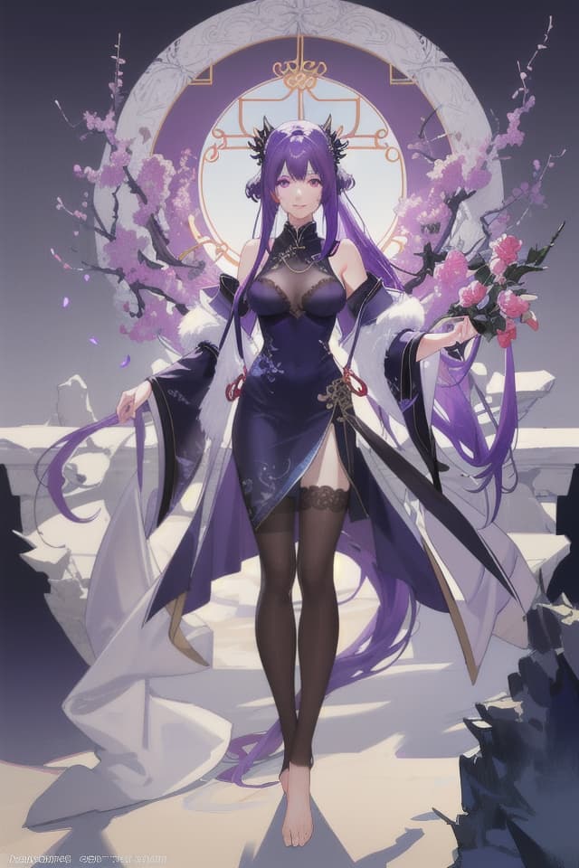  Ke Qing, purple eyes, purple hair (double tail), (masterpiece: 1.2, the best quality), (real picture, complicated details), ray tracing, detailed face, very detailed CG unified 8k wallpaper, a , normal, , s, s, vulva, slender , white stockings, barefoot, stretched , hyperrealistic, full body, detailed clothing, highly detailed, cinematic lighting, stunningly beautiful, intricate, sharp focus, f/1. 8, 85mm, (centered image composition), (professionally color graded), ((bright soft diffused light)), volumetric fog, trending on instagram, trending on tumblr, HDR 4K, 8K