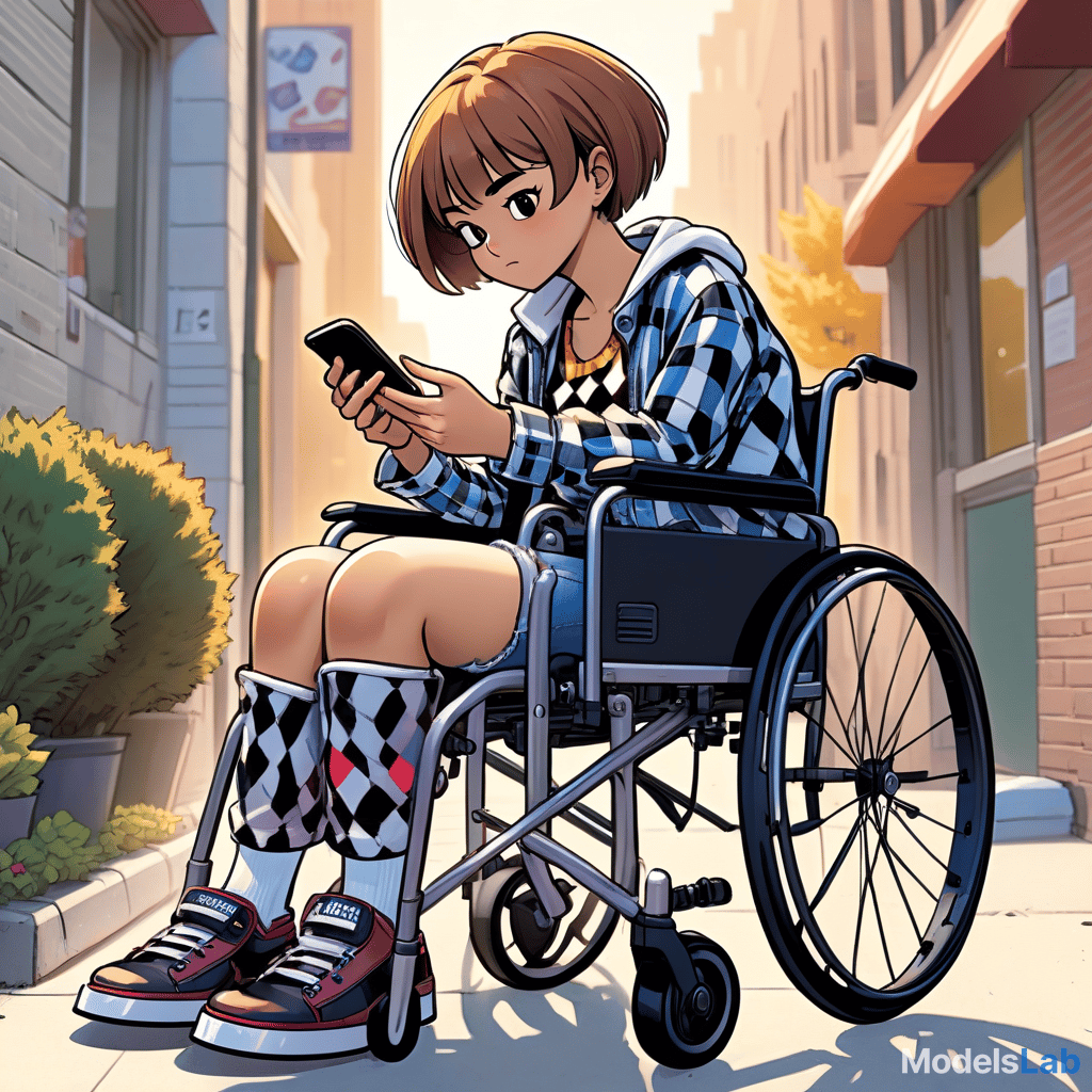  colored comic book image. a with short hair (kare) is sitting in a wheelchair. she has prosthetic legs instead of legs. she's wearing a checkered shirt and jeans. the girl leans forward, trying to lift the smartphone, which lies on the sidewalk in front of her. warm atmosphere with soft shadows and bright colors.