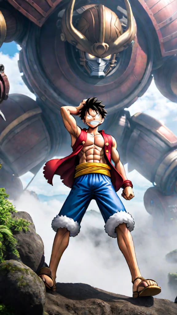  anime art: luffy in gear five awakens joyboy's haki in a colossal ancient robot, redefining strength in one piece. hyperrealistic, full body, detailed clothing, highly detailed, cinematic lighting, stunningly beautiful, intricate, sharp focus, f/1. 8, 85mm, (centered image composition), (professionally color graded), ((bright soft diffused light)), volumetric fog, trending on instagram, trending on tumblr, HDR 4K, 8K