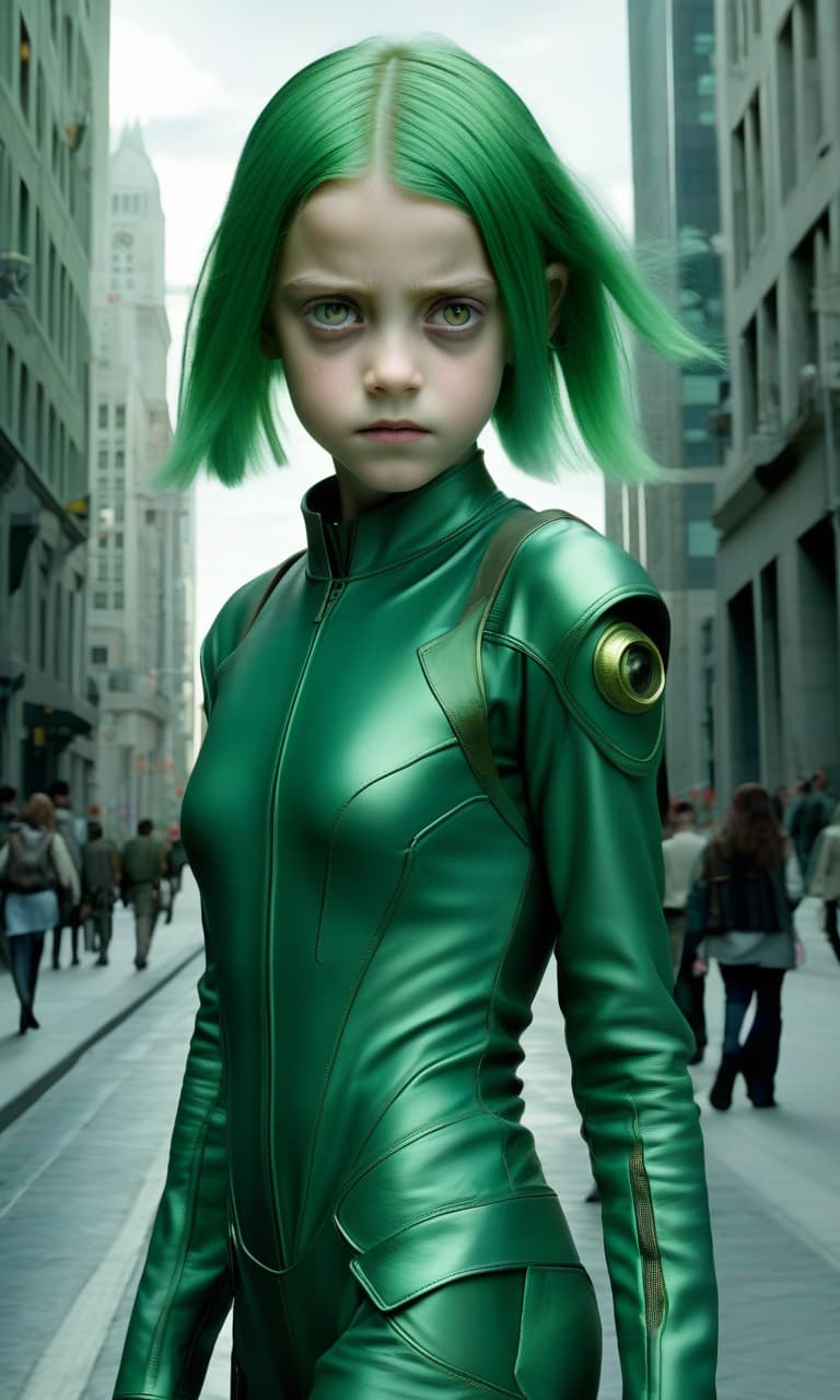  a little brown eyed girl with green hair with narrow eyes in a green iron outfit from the movie oblivion runs through the city.