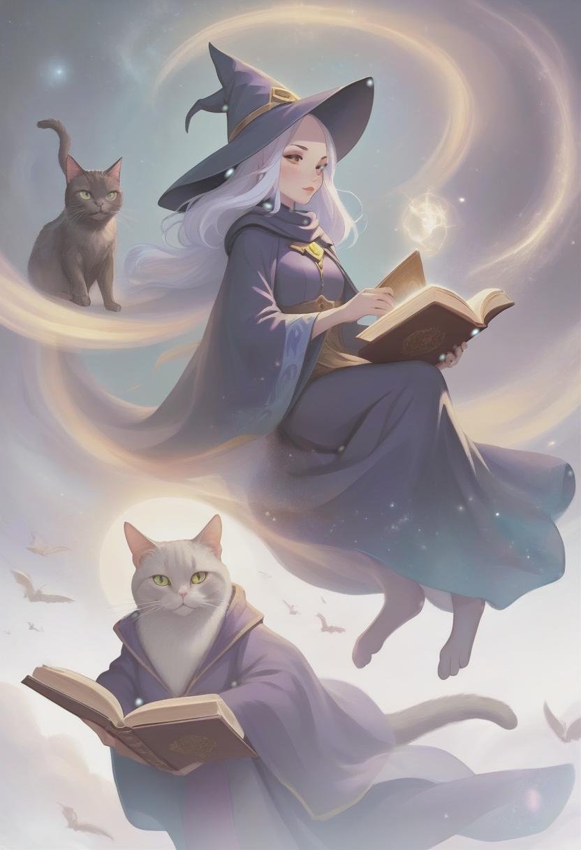  ethereal fantasy concept art of wizard witch next to her in the air a magical bald cat with a book . magnificent, celestial, ethereal, painterly, epic, majestic, magical, fantasy art, cover art, dreamy