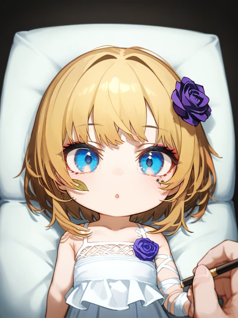  headphones, ocks, tobacco, in mascara makeup, white pleated , white sailor suit, blonde bob cut , blue eyes , spider nest tattoo on the left arm, purple rose on the left with tattoo, deformed style, super deformation, masterpiece, best quality,8k,ultra detailed,high resolution,an extremely delicate and beautiful,hyper detail