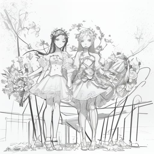  there must be two girls with flowers in front of a large . they give the teacher flowers, pencil drawing, black and white, b&w, low detail, sketch, concept art, manga style, anime style, line art, webtoon, manhua, chalk, hand drawn, defined lines, simple shades, simplistic, manga page, minimalistic