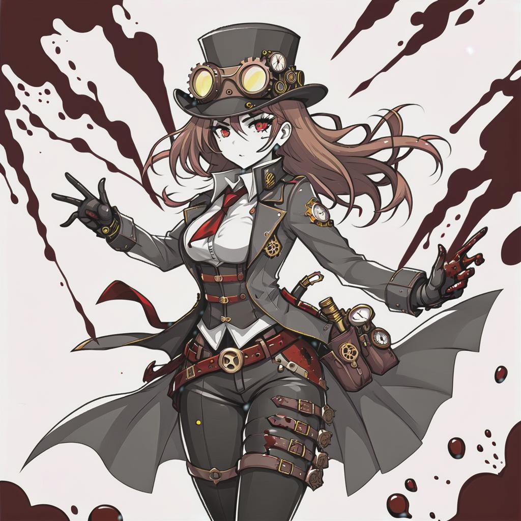  line art drawing steampunk girl with pockets, battle pose blood everywhere, same nightmare. anime style . professional, sleek, modern, minimalist, graphic, line art, vector graphics