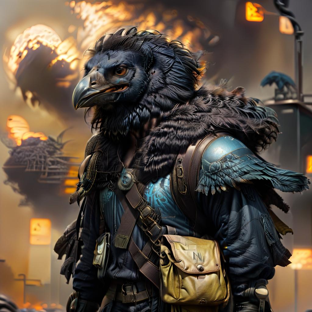  dystopian style black with blue tint avian humanoid race with raven head alchemist, ruffled feathers, mischievous yellow eyes, smiling, rags and leather cloak with lots of pockets, big backpack with pockets, nuclear explosions and detonation blasts . bleak, post apocalyptic, somber, dramatic, highly detailed, civitai