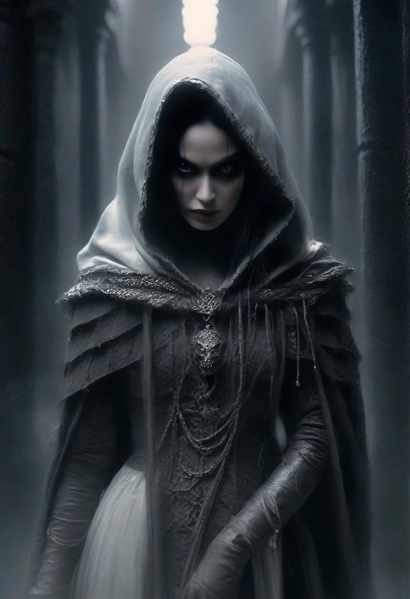  macabre style film actress fei ren in the form of the queen of the elves of the thief fighter in long white leather skirts and a chain skirt, in a hood, in height against the background of a dark hall with columns. . dark, gothic, grim, haunting, highly detailed, perfecteyes, perfect hands