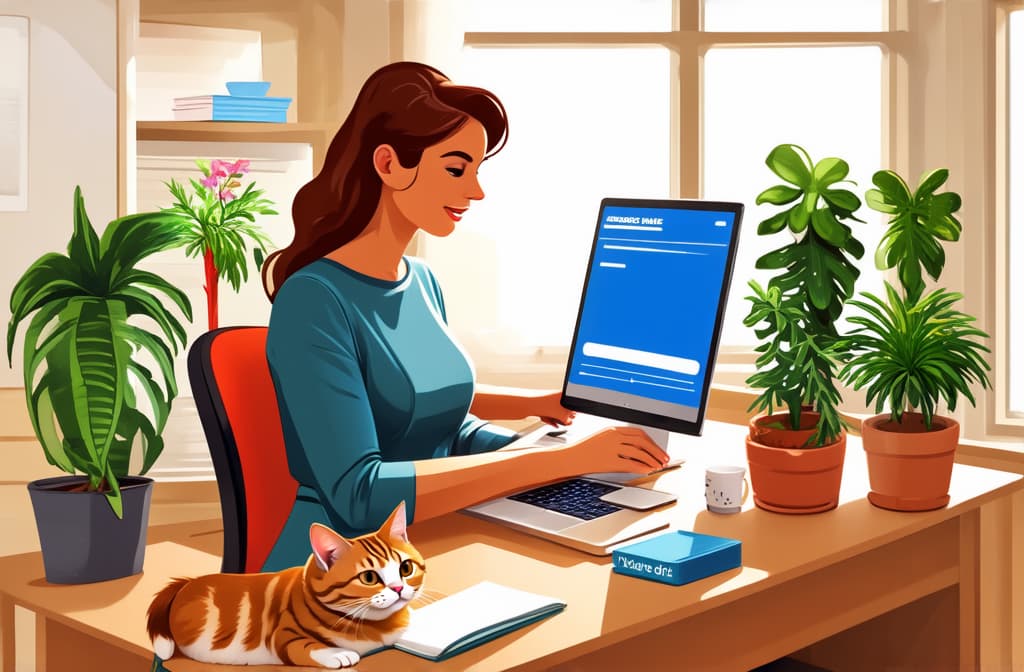  professional detailed photography, work from home woman working at her desk at home with cat and plants. modern vector illustration of home office concept. ar 3:2, (muted colors, dim colors, soothing tones), (vsco:0.3)