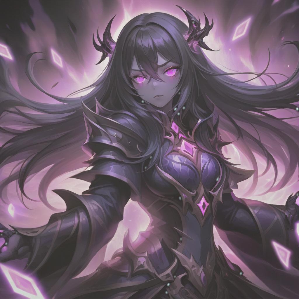  a close up of a person with long hair, shadowverse style, dark moody purple lighting, glowing pink eyes, nekro, there is a glow coming from her, magic the gathering artstyle, app icon, deathknight, black void, endgame boss, beautiful image, dark screen