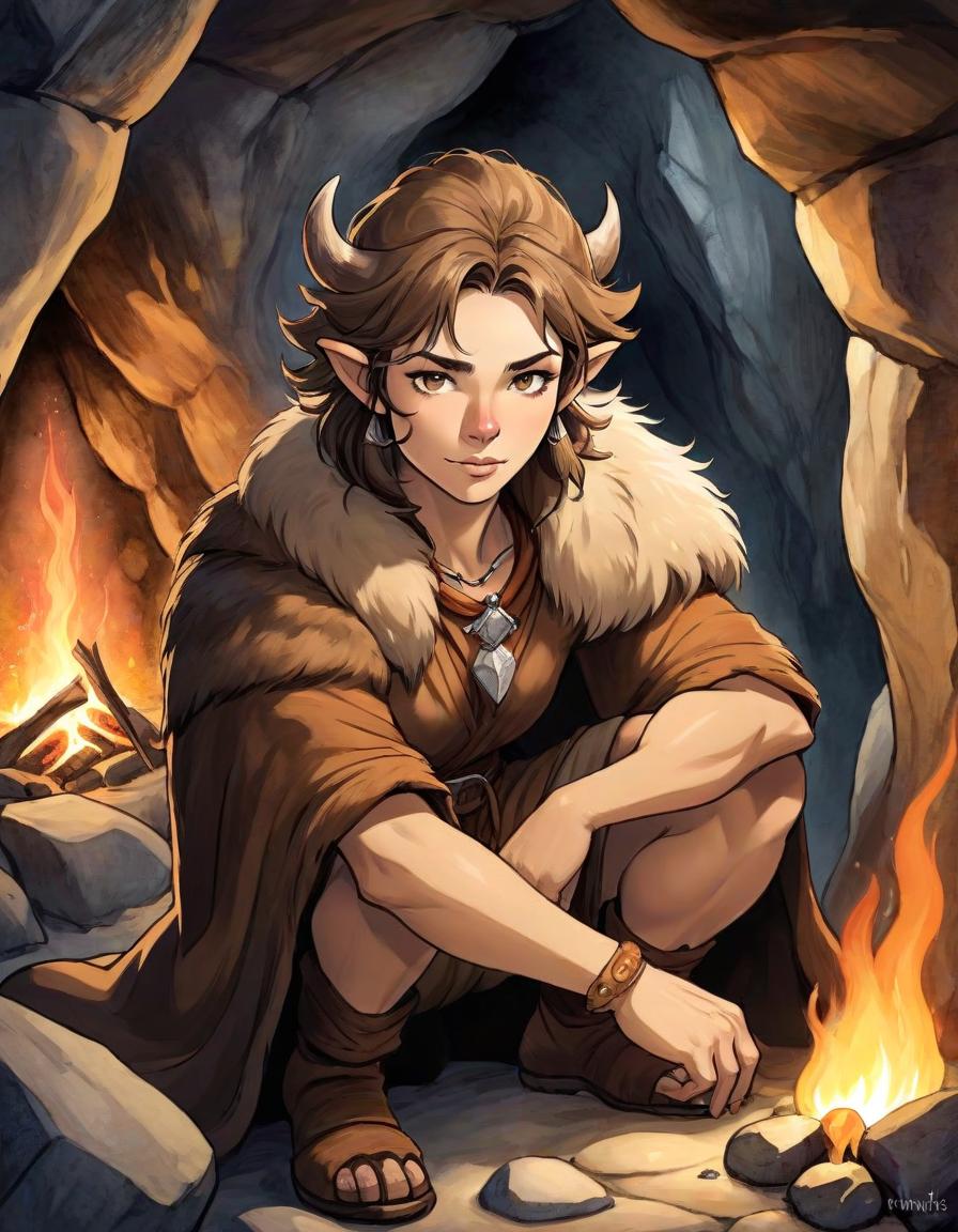  digital illustration, ink and watercolor on parchment, with fine shading of the edges, depicting an expressive stone age man hunter in cave, whose image seamlessly blends with the textures of the stone cave, soft diffused lighting in warm tones envelops her, enhancing the mystical aura around her slender form. clad in a fur, sits in front of the fire