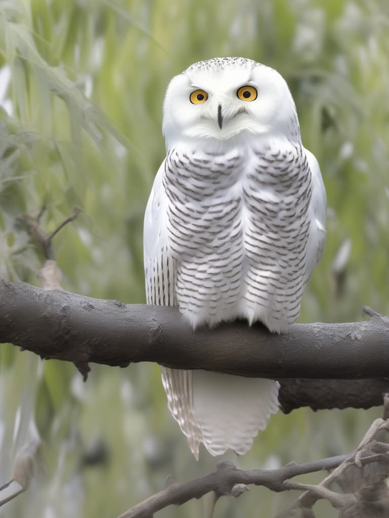  ((pure white owl:1.4,bubo scandiacus:1.4)),staying on a branch of a large tree,bubo scandiacus close up,blur effect: background,