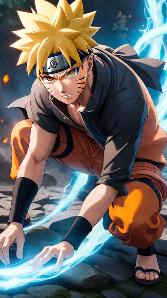  anime art: naruto uzumaki harnessing kurama's regenerating chakra for unstoppable power. hyperrealistic, full body, detailed clothing, highly detailed, cinematic lighting, stunningly beautiful, intricate, sharp focus, f/1. 8, 85mm, (centered image composition), (professionally color graded), ((bright soft diffused light)), volumetric fog, trending on instagram, trending on tumblr, HDR 4K, 8K