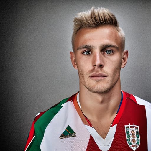 portrait+ style Hungarian LGBT queer footballer blonde hunk dude face