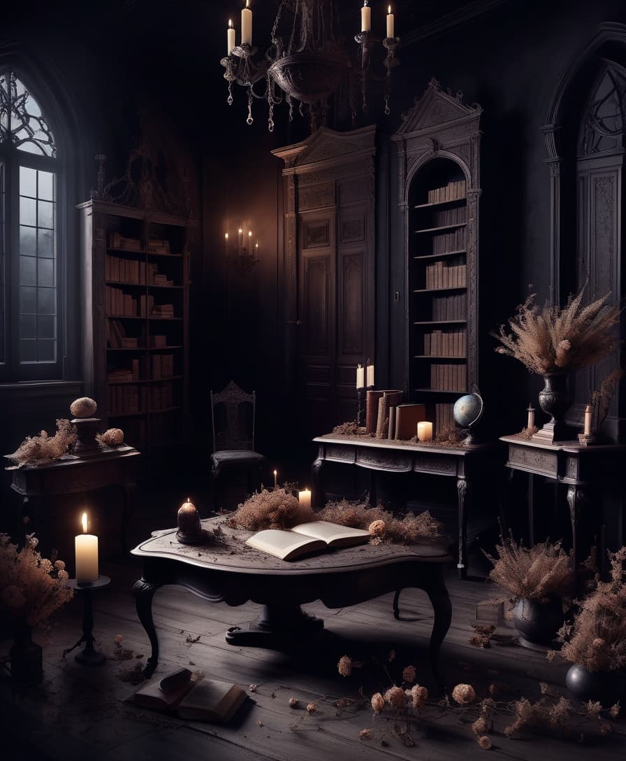  gothic style the dark room. wooden furniture in classic style. dried flowers. old books. burns. web and dust. no lighting. the moon outside . dark, mysterious, haunting, dramatic, ornate, detailed