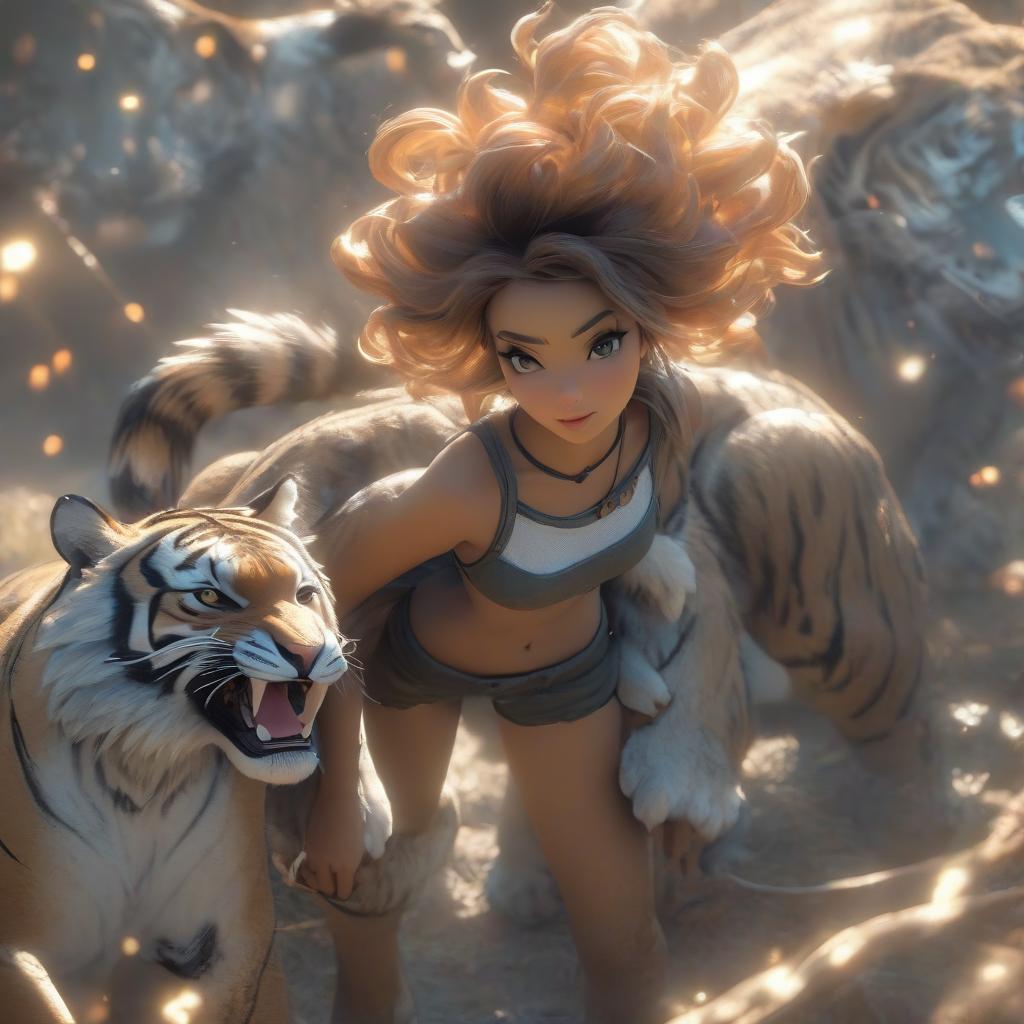  a girl angel stands in shorts, in the legs of a tiger, slim hyperrealistic, full body, detailed clothing, highly detailed, cinematic lighting, stunningly beautiful, intricate, sharp focus, f/1. 8, 85mm, (centered image composition), (professionally color graded), ((bright soft diffused light)), volumetric fog, trending on instagram, trending on tumblr, HDR 4K, 8K