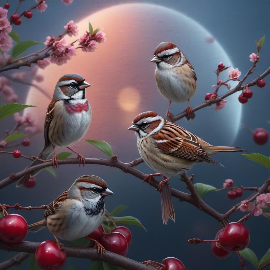  Sparrows on a cherry tree hyperrealistic, full body, detailed clothing, highly detailed, cinematic lighting, stunningly beautiful, intricate, sharp focus, f/1. 8, 85mm, (centered image composition), (professionally color graded), ((bright soft diffused light)), volumetric fog, trending on instagram, trending on tumblr, HDR 4K, 8K