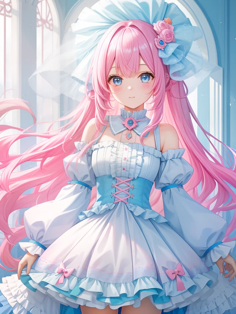  pink + light blue hair, girl, fluffy, masterpiece, best quality,8k,ultra detailed,high resolution,an extremely delicate and beautiful,hyper detail