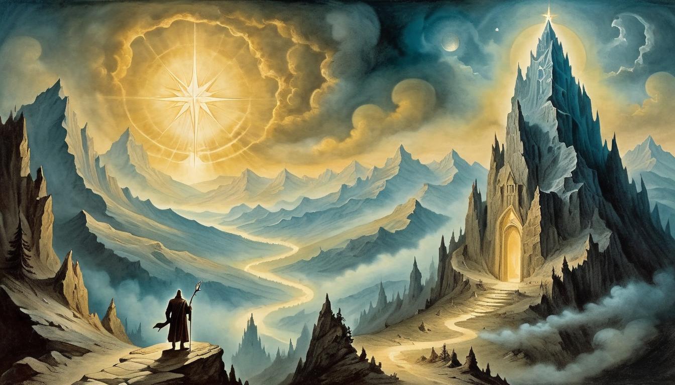  on parchment, surrealism+++, radiant figure on mountain peak, glowing light surrounding, testament to divine glory(mysterious, provocative, symbolic,muted color)+++