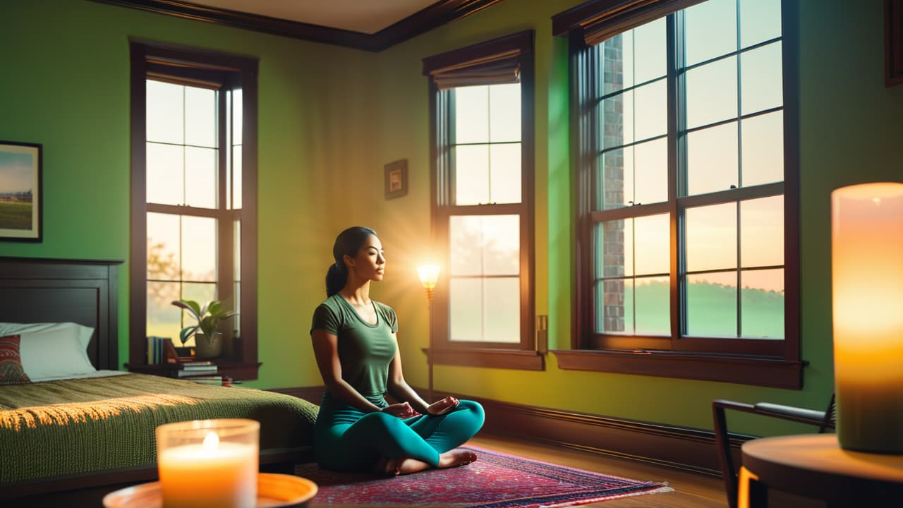  a serene sunrise over a peaceful bedroom, featuring a person meditating by a window, a journal and pen on a bedside table, a green smoothie on a desk, and calming plants around the room. hyperrealistic, full body, detailed clothing, highly detailed, cinematic lighting, stunningly beautiful, intricate, sharp focus, f/1. 8, 85mm, (centered image composition), (professionally color graded), ((bright soft diffused light)), volumetric fog, trending on instagram, trending on tumblr, HDR 4K, 8K