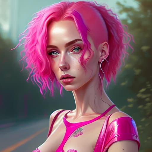  a close up of a woman with pink hair and a red top, short pink hair, cute with short pink hair, huge curly pink hair, curly pink hair, pink short hair, huge pink hair, pink hair, breathtaking ilya kuvshinov, yael shelbia, cgsociety portrait, rose hair, kawaii realistic portrait, hyperrealistic , with pink hair