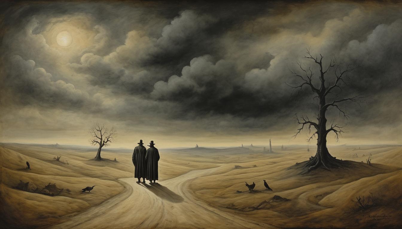  on parchment, surrealism++, a crossroads with shadowy paths, figures standing uncertainly, backdrop of an ominous sky, decisive, foreboding(mysterious, provocative, symbolic)++