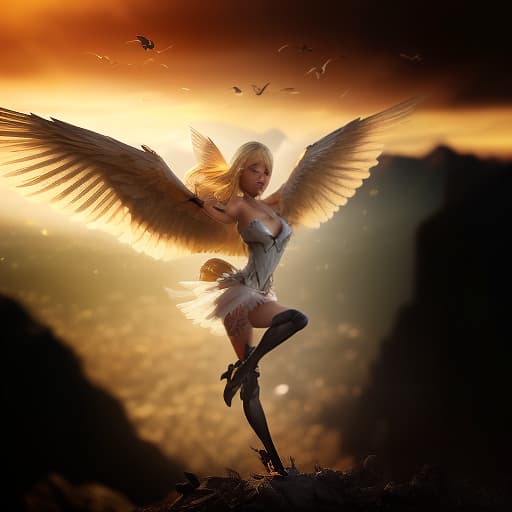  charming blonde flaps her wings and takes off, shot 35 mm, realism, octane render, 8k, trending on artstation, 35 mm camera, unreal engine, hyper detailed, photo realistic maximum detail, volumetric light, realistic matte painting, hyper photorealistic, trending on artstation, ultra detailed, realistic