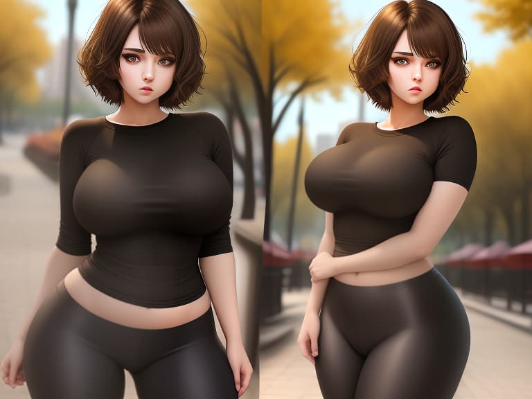  girl, short brown hair, yellow eyes, emo, curvy, big breast, tight clothes, shirt, leggings, city park, anime