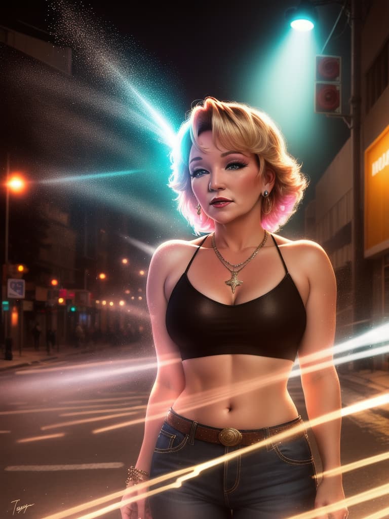  A younger country singer Tanya Tucker, medium shot, upper body, spotlight, long exposure lighting, street art style spray paint, glamour lighting