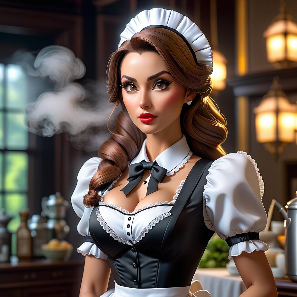  a with a big in a maid suit hyperrealistic, full body, detailed clothing, highly detailed, cinematic lighting, stunningly beautiful, intricate, sharp focus, f/1. 8, 85mm, (centered image composition), (professionally color graded), ((bright soft diffused light)), volumetric fog, trending on instagram, trending on tumblr, HDR 4K, 8K