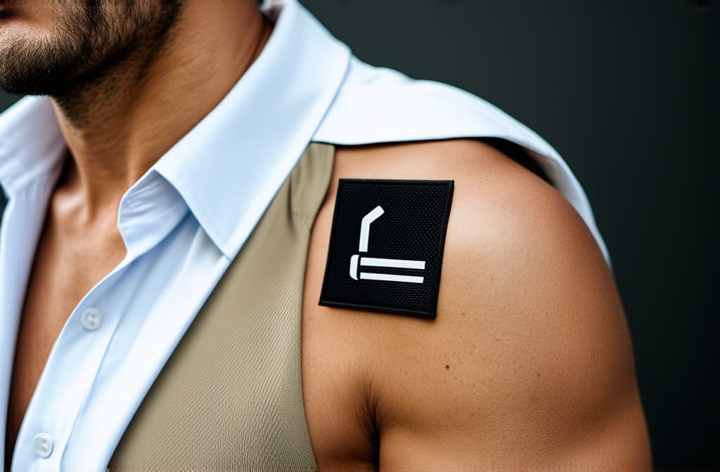  professional detailed photography, anti smoking patch on a man's shoulder ar 3:2, (muted colors, dim colors, soothing tones), (vsco:0.3)