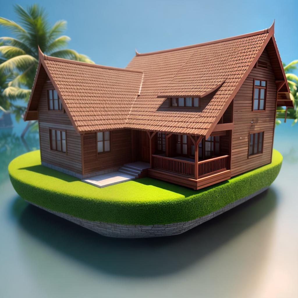  a 3D house on an island hyperrealistic, full body, detailed clothing, highly detailed, cinematic lighting, stunningly beautiful, intricate, sharp focus, f/1. 8, 85mm, (centered image composition), (professionally color graded), ((bright soft diffused light)), volumetric fog, trending on instagram, trending on tumblr, HDR 4K, 8K