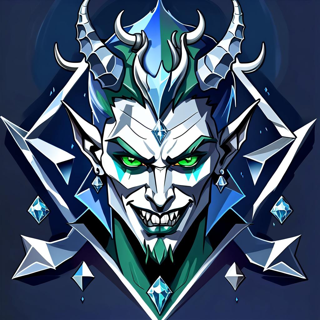  concept art diamond devil, portrait. dark green eyes, man. kind. hair gray. with fangs and horns. colors blue, blue, silver . digital artwork, illustrative, painterly, matte painting, highly detailed