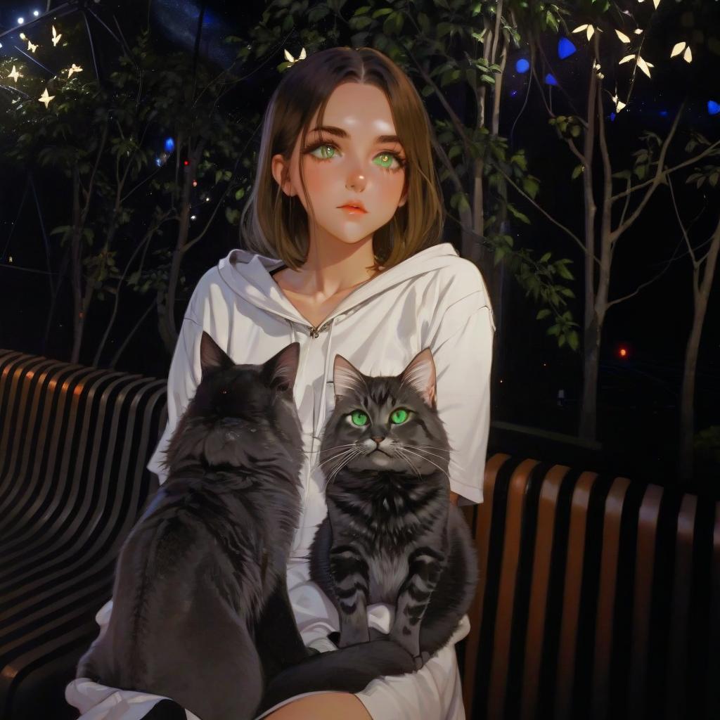  girl with dark green eyes, two cats, spotlights, stage, space in the background, love of music, idol