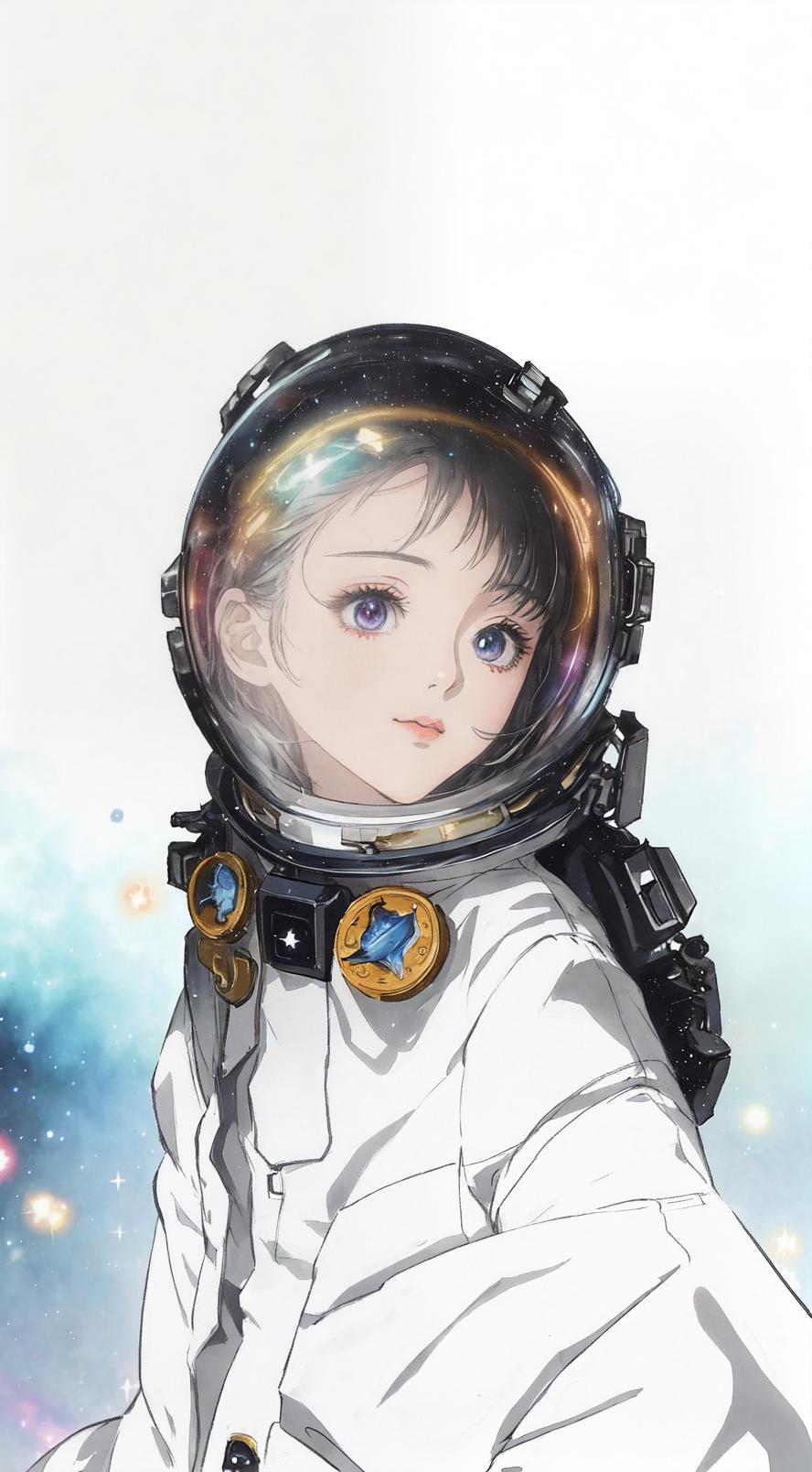  anime style, astronaut in space, fully detailed outer space background with stars, galaxies, nebulae, vibrant colors, wearing detailed space suit, cosmic scene, highly detailed spacesuit, complete space environment, clothing replace, space suit hyperrealistic, full body, detailed clothing, highly detailed, cinematic lighting, stunningly beautiful, intricate, sharp focus, f/1. 8, 85mm, (centered image composition), (professionally color graded), ((bright soft diffused light)), volumetric fog, trending on instagram, trending on tumblr, HDR 4K, 8K