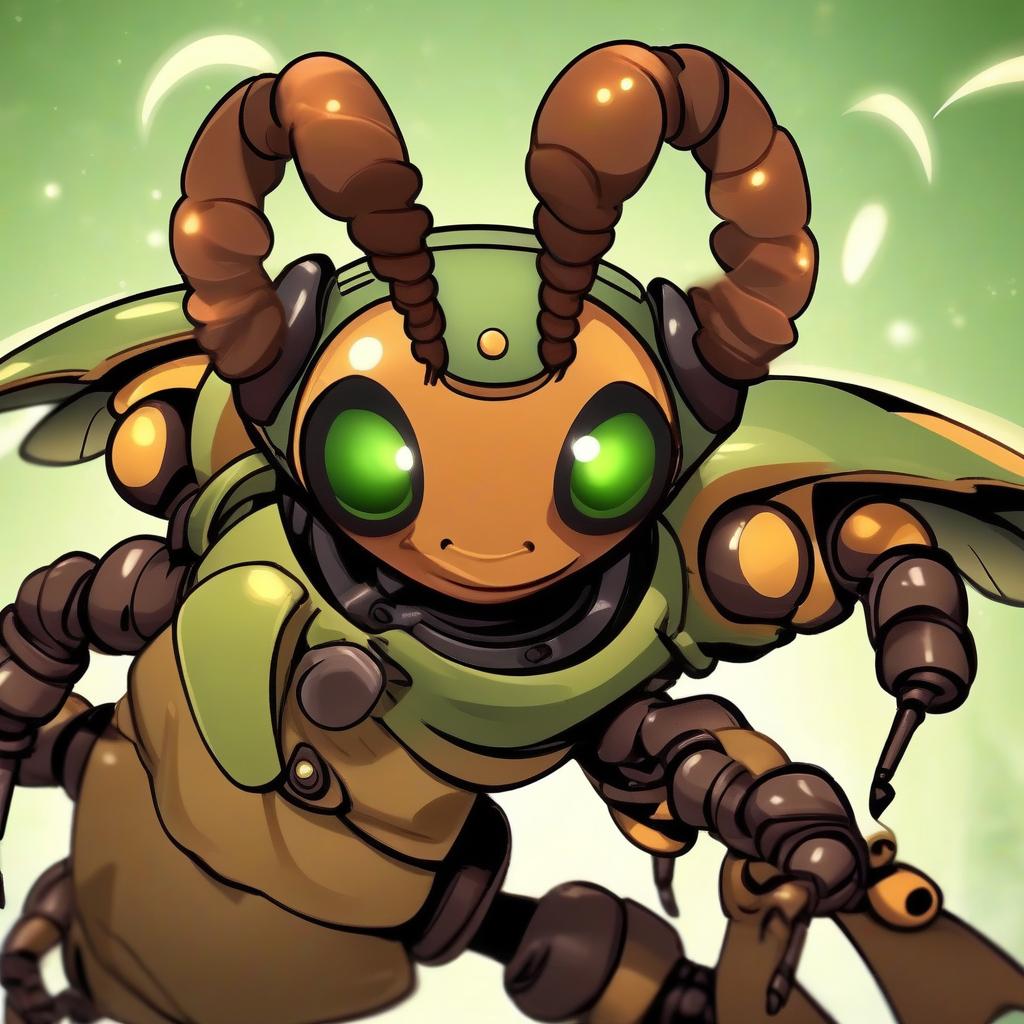  cute cartoon insect beetle character with a green body, big expressive eyes and a smile on his lips. on his head he has a huge brown helmet with goggles, giving him an adventurous look. the insect beetle stands confidently holding a blaster, he has graceful wings and long tendrils. the background is simple and bright inside the starship to emphasize the charm of the funny character with the weapon.