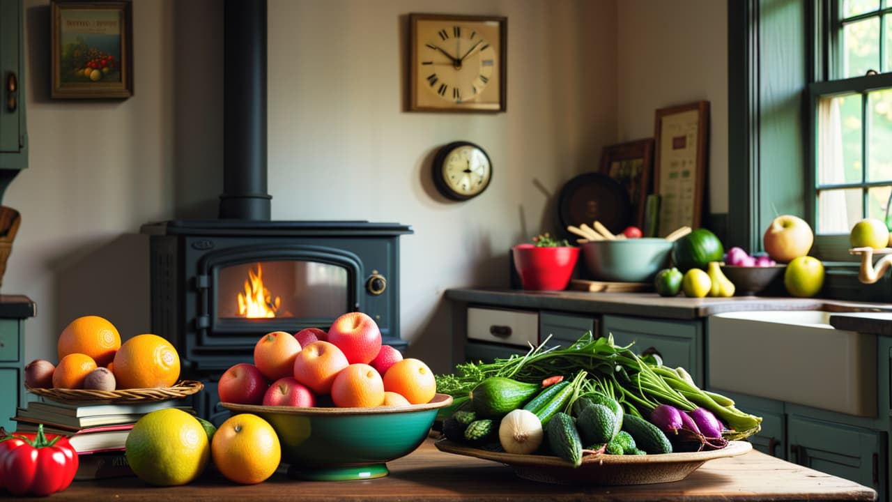  a stark kitchen scene featuring an overflowing bowl of fresh fruits and vegetables, a neglected stove, and a stack of unopened raw food cookbooks, with a clock showing late hours and a tired person in the background. hyperrealistic, full body, detailed clothing, highly detailed, cinematic lighting, stunningly beautiful, intricate, sharp focus, f/1. 8, 85mm, (centered image composition), (professionally color graded), ((bright soft diffused light)), volumetric fog, trending on instagram, trending on tumblr, HDR 4K, 8K