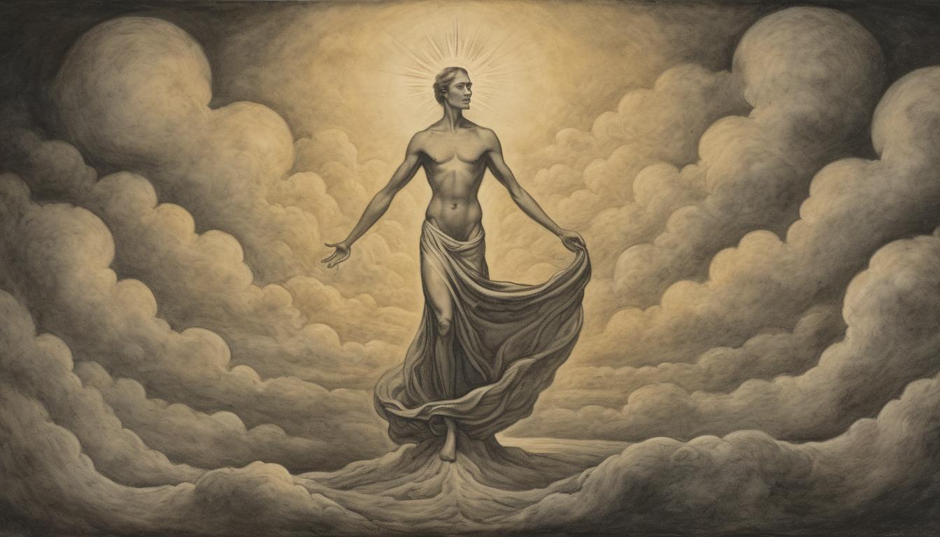  on parchment, surrealism++, a radiant figure surrounded by others who share the same glowing aura, set against a backdrop of dark, swirling clouds, unity, understanding(mysterious, provocative, symbolic)++