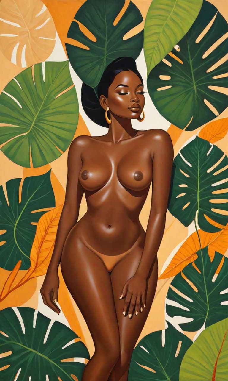  minimalism, painting of a beautiful black woman. she lays, surrounded by elephant ear leaves. naked. she has brown legs. she has brown feet. she is in a divine pose., abstract, simple geometic shapes, hard edges, sleek contours, minimalism