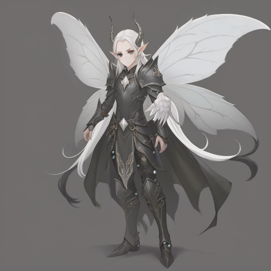  dnd, young , small black horns on the head, white skin, white hair, long hair in the tail, pointed elven ears, white wings of a moth, black leather armor, pearl on the , hkmagic