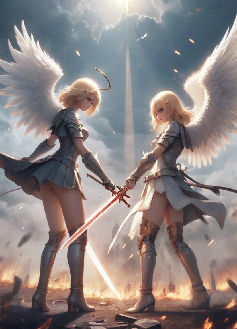  2 girls on the battlefield one angel another devil on his knees stands and an angel with a sword soars air magic battle