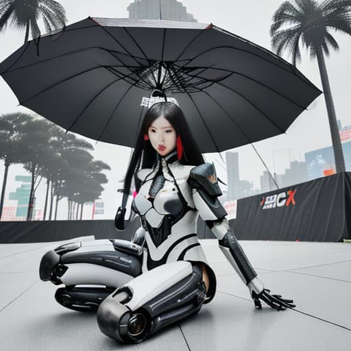  beautiful chinese wearing white and black mecha armor, full body photo with long hair, sitting on the ground holding an umbrella in her hand, in the style of cyberpunk, with a futuristic robot design and mecha armor details, to waist ratio of 3/4, full body photo, in the style of cyberpunk.