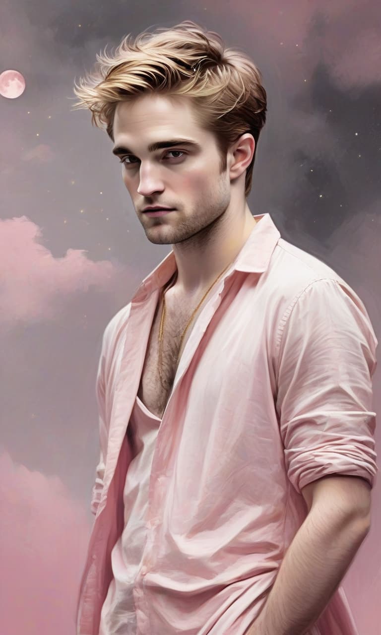  concept art pink, gold, black, white moonlight robert pattinson to the waist behind . digital artwork, illustrative, painterly, matte painting, highly detailed, perfect hands