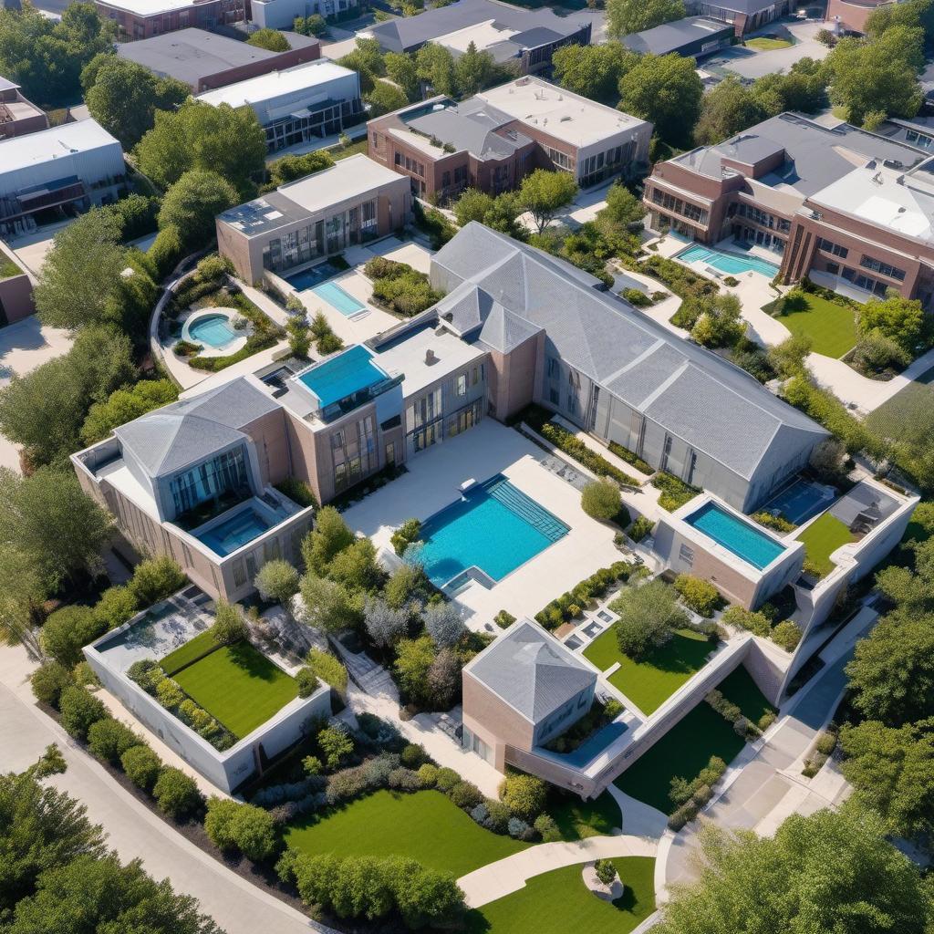  high school exterior aerial layout with lots of windows and a courtyard in the middle with a garden, pool and rooftop art space and curb appeal, mystical style