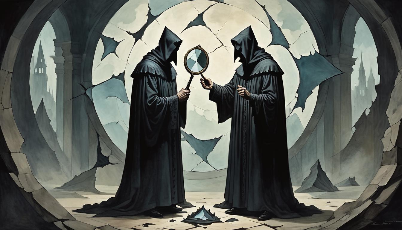  on parchment, surrealism+++, a shadowy figure clutching a fractured mirror, unable to see their reflection clearly, shards reflecting darkness, sense of inner turmoil and incompletion(mysterious, provocative, symbolic,muted color)+++